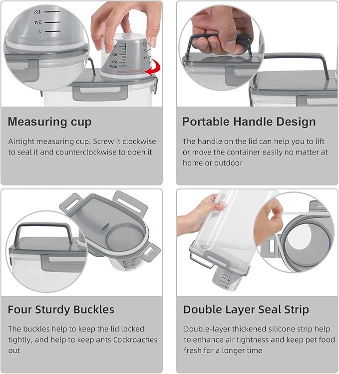 3-5Lbs/3Qt Dog Cat Food Storage Container With foldable bowl. Plastic Pet Food Dispenser for Small Animal Kibble/Pet Food/Bird Seed/Oatmeal/Rice/Flour/Brown Sugart/Cereals (Clear Grey)
