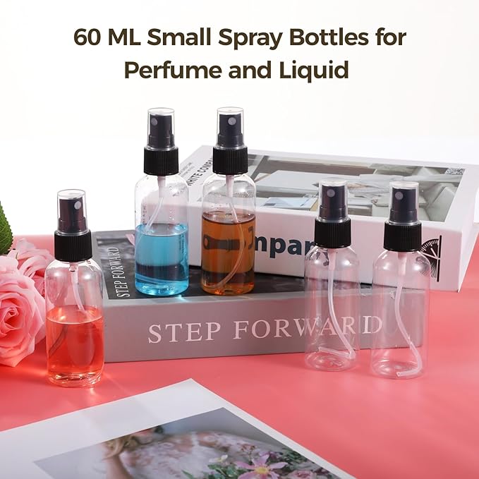 100 PCS Small Spray Bottles 2 oz Bulk - 60 ML Transparent PET Spray Bottles with Black Mist Nozzle Travel-Size, Convenient for Samples Office Home Use