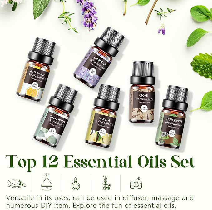 Essential Oils Set - 12 Pcs Aromatherapy Essential Oil Kit for Diffuser, Humidifier, Aromatherapy, Massage, Soap, Candle Making (5mL)