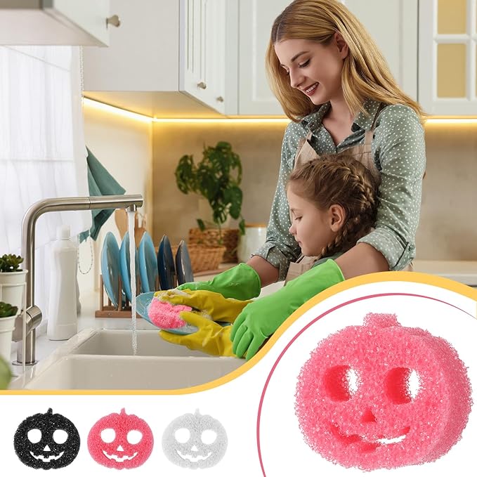 3 Pcs Dual Sided Scrub Sponge Multi Functional Cute Temperature Sensitive Non Scratch Dish Sponge for Washing Dishes Kitchen Bathroom(Halloween Pumpkin,Pink, Black, White)