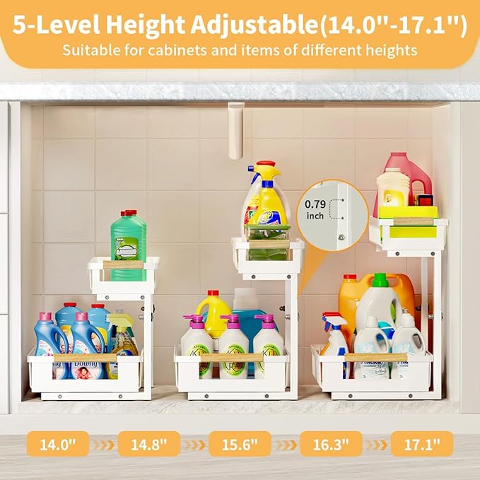 Under the Sink Organizer Kitchen, 2 Tier Large Pull Out Under Sink Organizer with Adjustable Height, Metal Under Cabinet Organizer and Storage for Counter Bathroom Vanity Laundry, White 2 Packs