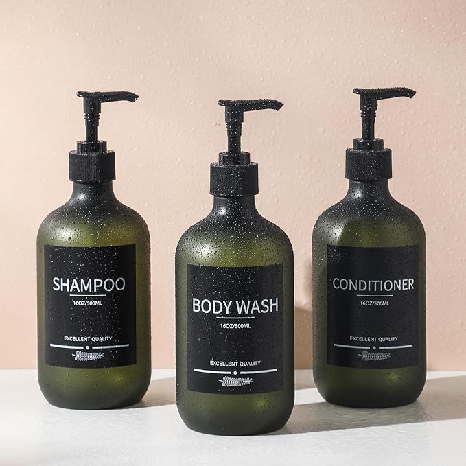 Shower Bottles Refillable with Labels(5Pack Green),Plastic Shampoo Bottles with Pump,Bathroom Bottles with Pump and Labels,Shampoo and Conditioner Bottles