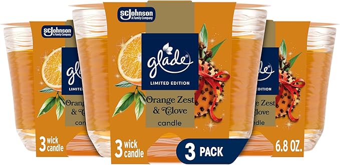 Glade 3-Wick Scented Candle Jar, Orange Zest & Clove, Air Freshener Infused with Essential Oils, 6.8 Oz, 3 Count