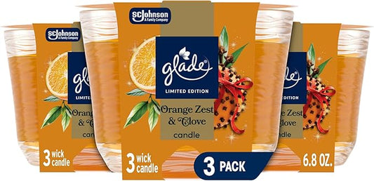 Glade 3-Wick Scented Candle Jar, Orange Zest & Clove, Air Freshener Infused with Essential Oils, 6.8 Oz, 3 Count