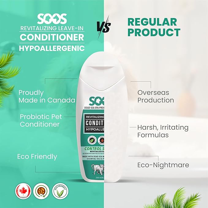 Soos Pets Pet Conditioner Natural Dead Sea Hypoaller-genic Revitalizing Leave-In Deeply Absorbing with Vitamins Essential Oils Natural Elements for Dogs and Cats - 1x Pet Conditioner (250ml / 8.45 oz)