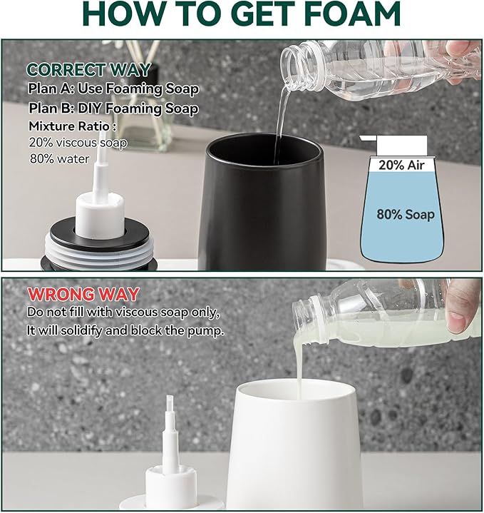 Black Foaming Soap Dispenser - Modern Ceramic Foam Hand Soap Dispenser Bathroom, 12 Oz Facial Cleanser Dispenser Bottle with Foam Pump, Refillable Wash Dish Dispenser for Kitchen