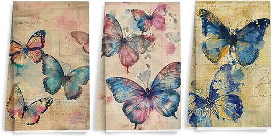 3 Pcs Vintage Butterfly Kitchen Towels, Rustic Decorative Absorbent Microfiber Dish Cloth Tea Towel, Artistic Waffle Soft Hand Towels for Farmhouse Home Bathroom, Butterfly Gifts