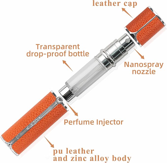 AF01OR Leather Perfume atomiser, 5ml Bottom Fill Travel Perfume Bottle, Refillable Perfume Dispenser for Women & Men (Orange 5ml)