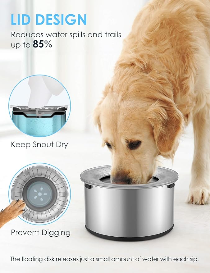 1 Gallon Large Dog Water Bowl No Spill,【Anti Digging Lid & Rubber Bottom】 Spill Proof Dog Bowl, Anti Splash Mess Dripless Slow Drinking Stainless Steel Water for Sloppy Messy Drinkers Car