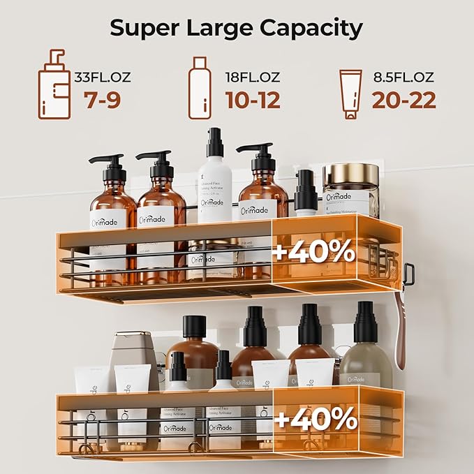 Orimade Shower Caddy with 5 Hooks for Hanging Razor and Sponge Adhesive Shower Shelf Basket Bathroom Storage Organizer Kitchen Rack No Drilling Stainless Steel Rustproof - 2 Pack,Black