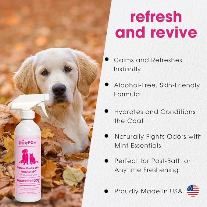 Dog Grooming Spray | Rose Hip, Chamomile & Mint Coat & Skin Freshener by Shiny Paw 16 oz | Dog Odor Spray | Made in the USA