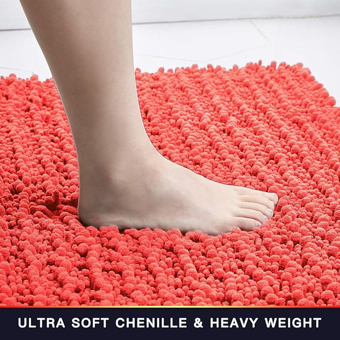 Walensee Bathroom Rug Non Slip Bath Mat (44x24 Inch Coral) Water Absorbent Super Soft Shaggy Chenille Machine Washable Dry Extra Thick Perfect Absorbant Best Large Plush Carpet for Shower Floor