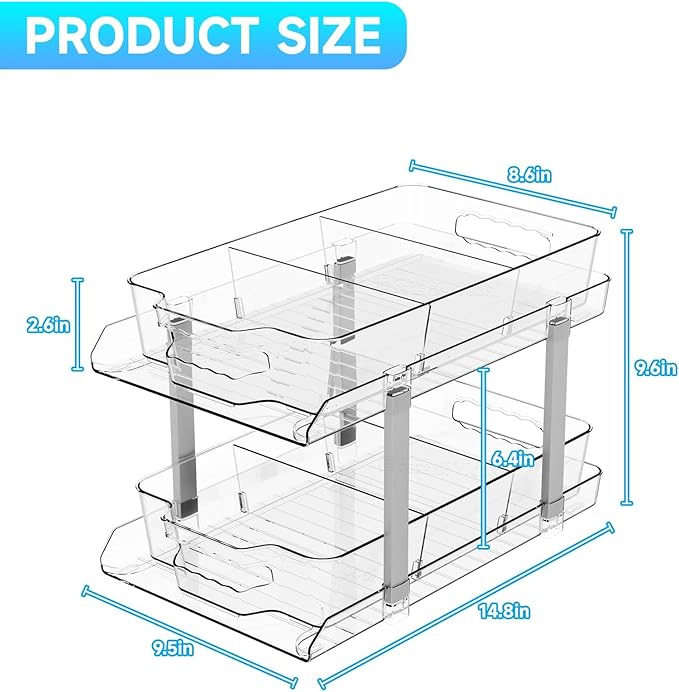 2 Sets Large Capacity Under Sink Organizers And Storage,Multi-Purpose 2 Tier 9.6"Tall Under Bathroom Sink Organizer and Under Cabinet Storage,Clear Pull Out Medicine Cabinet Organizer With 8 Dividers
