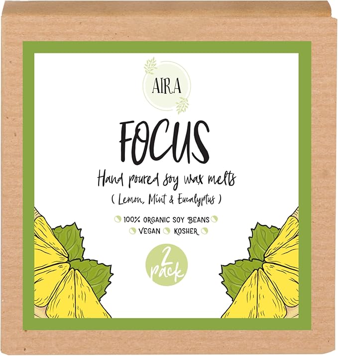 Aira Soy Wax Melt - Organic, Vegan, Kosher, Scented Soy Wax Cubes w/Essential Oil Blends - No Chemical 100% Soy Wax Melts for Tealight Melters - Hand-Poured Soy Tarts - Focus - 2 Pack
