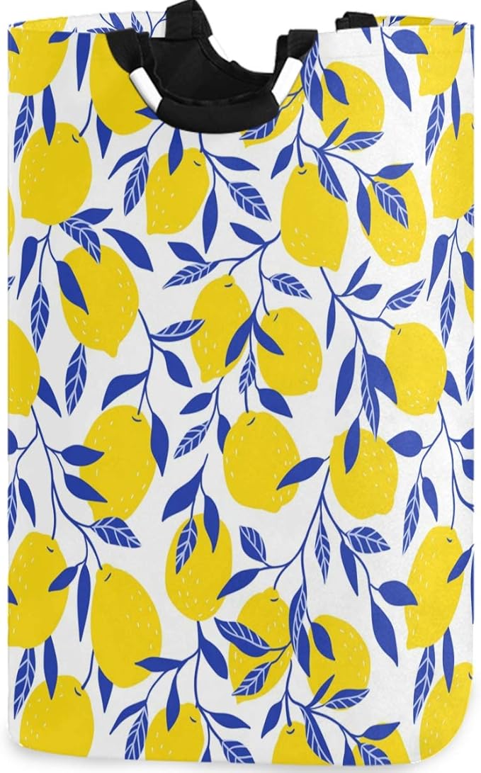 visesunny Collapsible Laundry Basket Yellow Lemon With Blue Leaf Large Laundry Hamper with Handle Toys and Clothing Organization for Bathroom, Bedroom, Home, Dorm, Travel