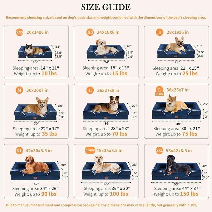 Comfort Expression Orthopedic Dog Bed for Extra Large Dogs 42x30 Inch, Waterproof Egg Crate Foam XL Pet Bed with Removable Bolsters, Dog Couch with Washable Cover & Non-Slip Bottom, Navy Blue