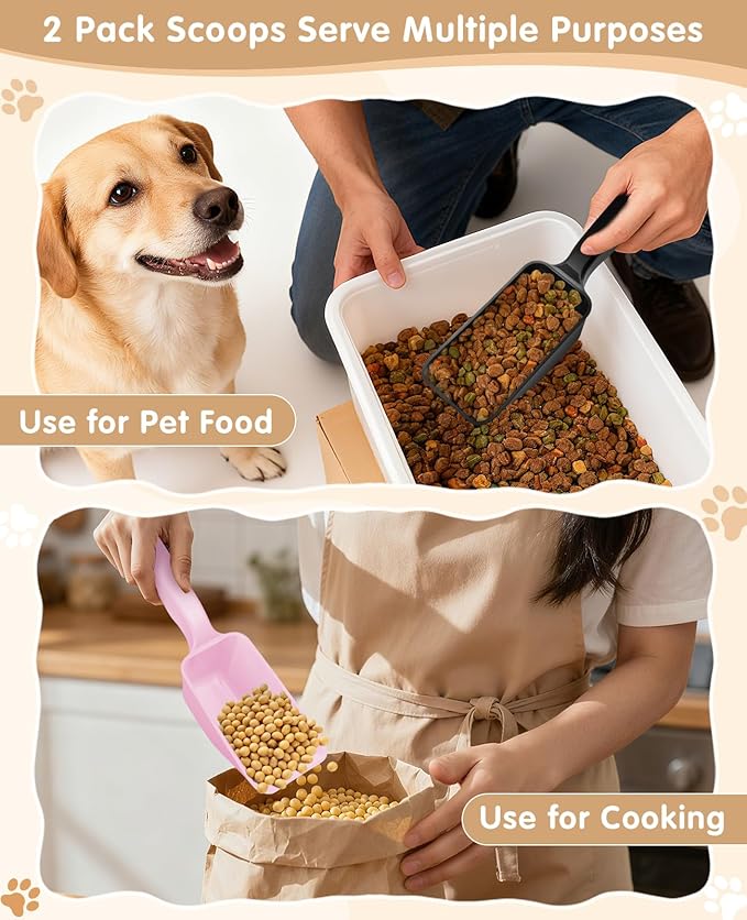 2-Pack Dog Food Scoop 1 Cup, Plastic Pet Food Measuring Scoop With Measuring Lines (1/2 & 1 Cup Markings) for Dogs, Cats, Fish, Bird（Black and Pink)