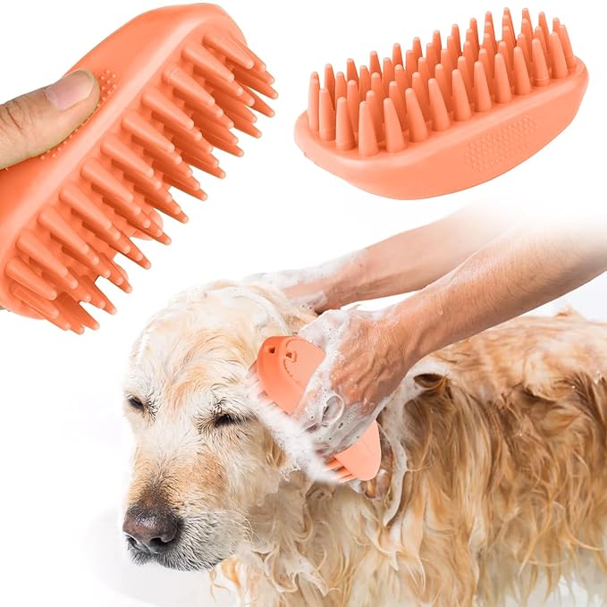 Bath Brushes for Pet Grooming & Massage,Rubber Scrubbing Brush for Dogs,Pet Silicone Shampoo Brush,Ideal for Long & Short Haired Dogs and Cats, Essential Puppy Accessory,Orange