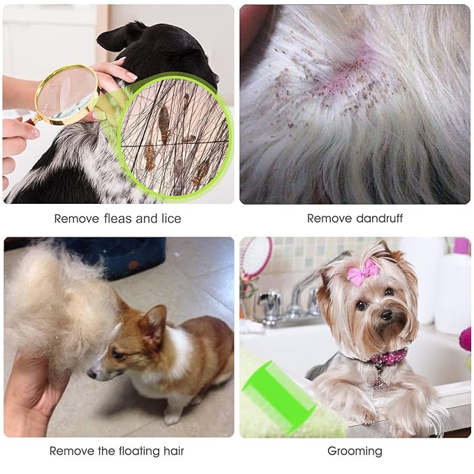 Flea and Lice Comb for Cats and Dogs - 2-in-1 Metal Round Smooth Teeth Pet Grooming Comb - Tear Stain and Mucus Crust Remover - Removes Floating Hair, Tangles, Dander (Green)