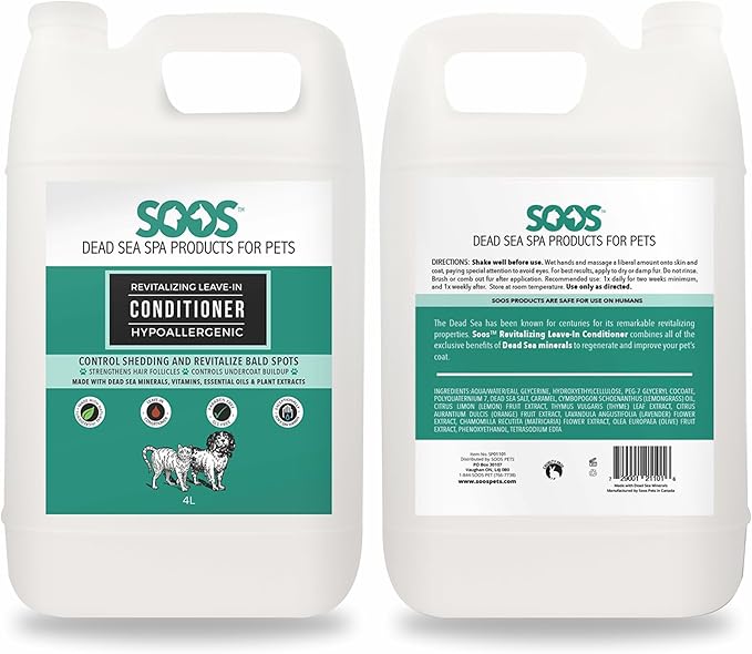 Soos Pets Pet Conditioner Natural Dead Sea Hypoaller-genic Revitalizing Leave-in Deeply Absorbing with Vitamins Essential Oils Natural Elements for Dogs and Cats - 1x Pet Conditioner (4L / 1.32 gal)