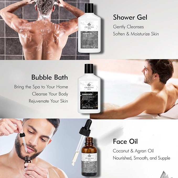 23pcs Bath and Body Gift Basket for Men and Women, Charcoal Luxury Home Spa Kit, Beard Care, Cosmetics Leather Bag, Face Oil, Birthday Gift, Self Care, perfect for Christmas, Holiday, Father's Day