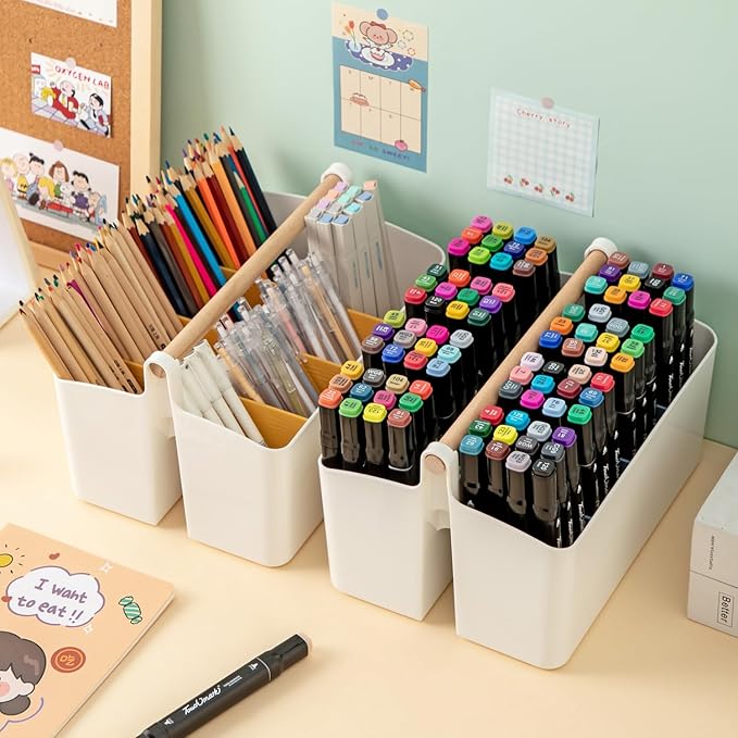 Large Portable Caddy Tote with Handle, Plastic Craft Storage Organizer Basket with Adjustable Divided for Art Supplies, Sewing, Colored Pencils, Makeup-Yellow