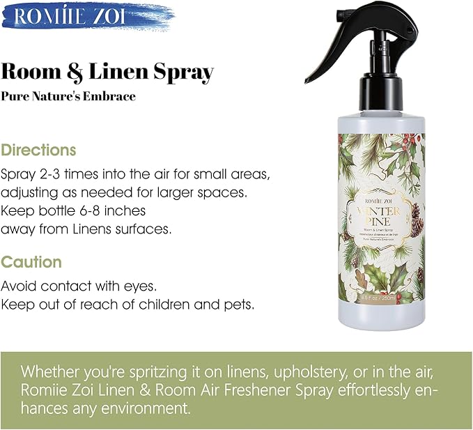 Romiie Zoi Christmas Linen & Room Air Freshener Spray Room Mist- Winter Pine - Infused with Sweet Pine Aroma- 250ml / 8.5 FL OZ.