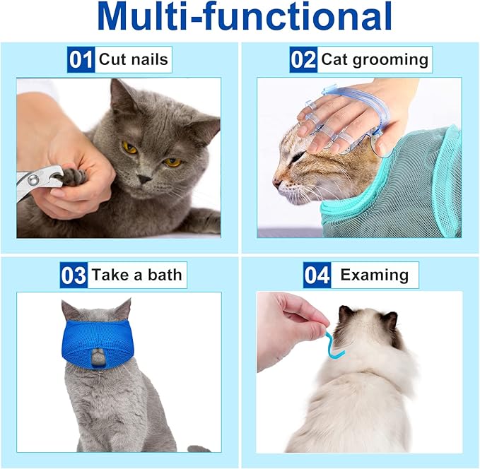 9 Pcs Cat Bathing Bag Set Cat Shower Bag Anti Bite and Scratch for Pet Grooming Washing Brush Comb Muzzle Nail Clipper Nail File Tick Tool(Blue, Turquoise)