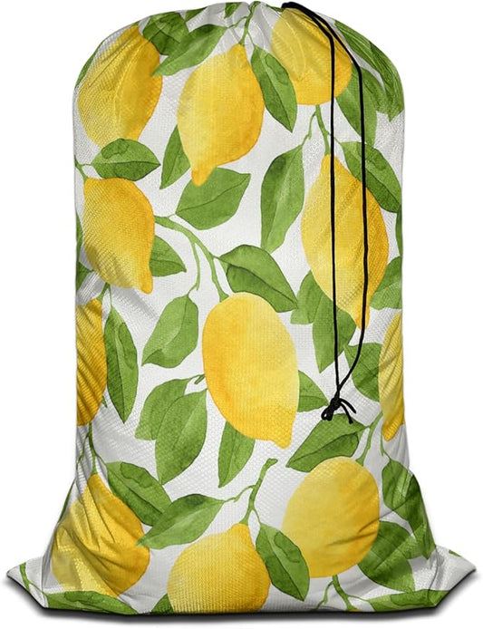 Swono Watercolor Lemons Laundry Bag with Strap Machine Washable Large Dirty Clothes Organizer Green Leaves Botanical Easy Fit Laundry Hamper or Basket, Carry Up to 4 Loads of Laundry, Yellow