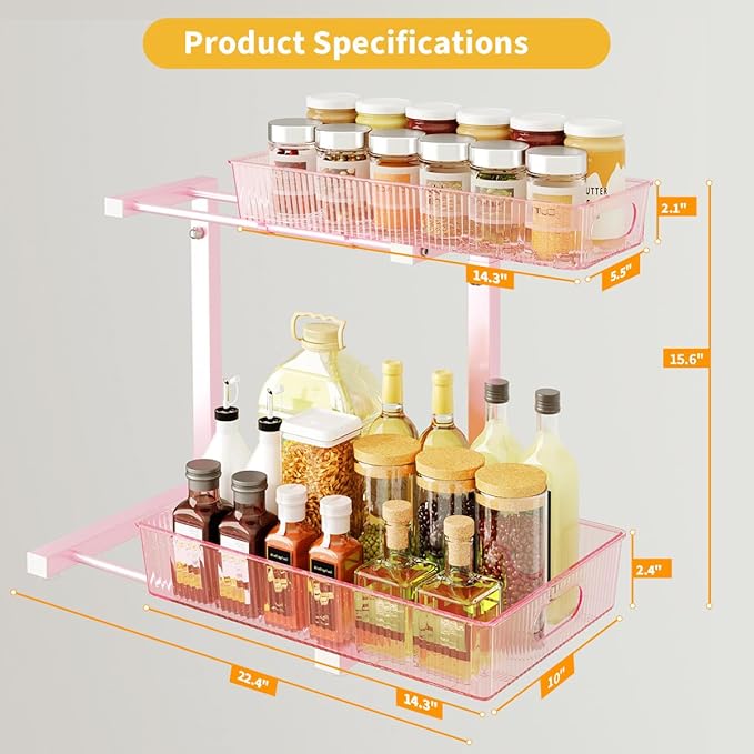 Under Sink Organizer, Under Sink Organizers and Storage with Adjustable Height and PET Basket, Pull Out Under Cabinet Organizer for Counter Kitchen, Vanity, Laundry, Pantry (2Packs)