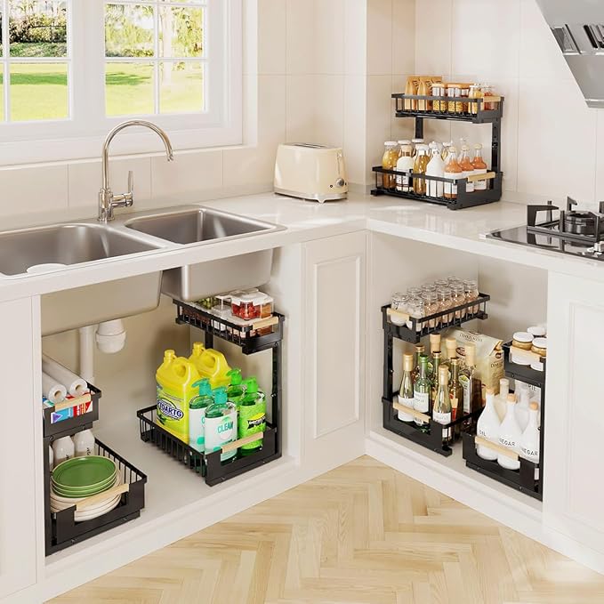 Under the Sink Organizer Kitchen , 2 Tier Large Pull Out Under Sink Organizer with Adjustable Height, Metal Under Cabinet Organizer and Storage for Counter Bathroom Vanity Laundry, Black 2 Packs