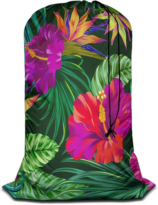 Swono Tropical Flowers Drawstring Closure Dirty Clothes Bag Organizer, Heavy Duty Large Laundry Bag, Floral Pattern Botanical Hibiscus Palm Leaf Bird Summer Rip-Stop Bags for Camp Travel