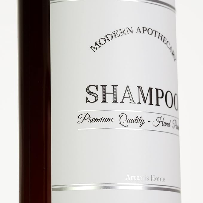 Amber PET Plastic Refillable Shampoo Pump Bottle Dispenser with White Plastic Pump, 16 oz Bathroom Bottle with Chrome Accent Waterproof Modern Apothecary Label, Reusable Shower Container