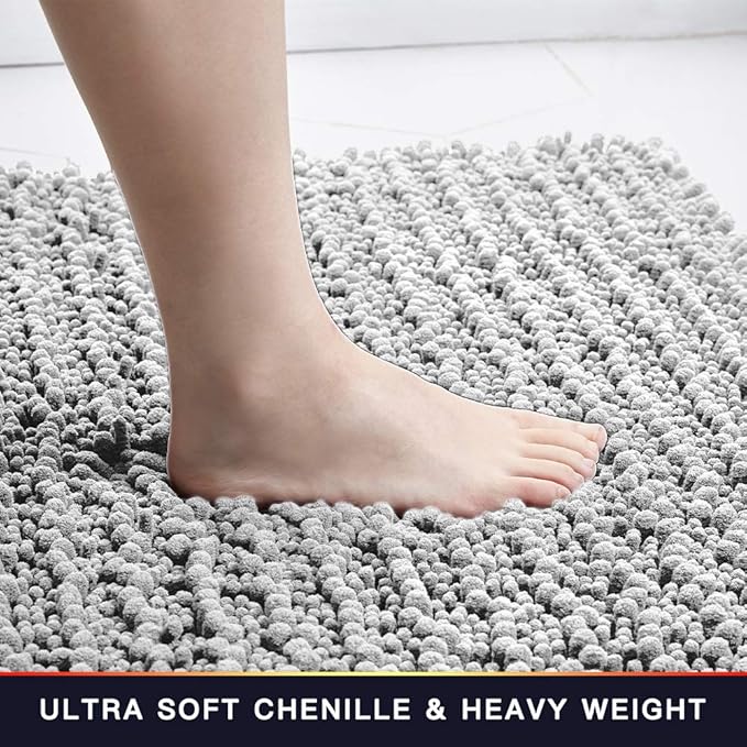 Walensee Bathroom Rug Non Slip Bath Mat (44x24 Inch Light Grey) Water Absorbent Super Soft Shaggy Chenille Machine Washable Dry Extra Thick Perfect Absorbant Best Large Plush Carpet for Shower Floor