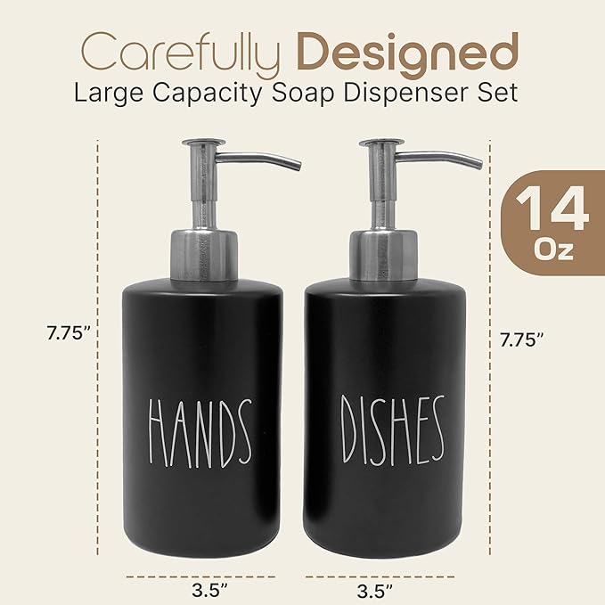 Modern Farmhouse Ceramic Dishes and Hands Soap Dispenser Set for Kitchen | Stainless Steel Pumps | 14oz, Black Bottles | Kitchen Décor for Counter