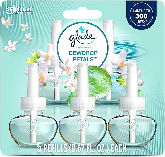 Glade PlugIns Refills Air Freshener, Dewdrop Petals, Scented and Essential Oils for Home and Bathroom, 0.67 Fl Oz, 5 Count