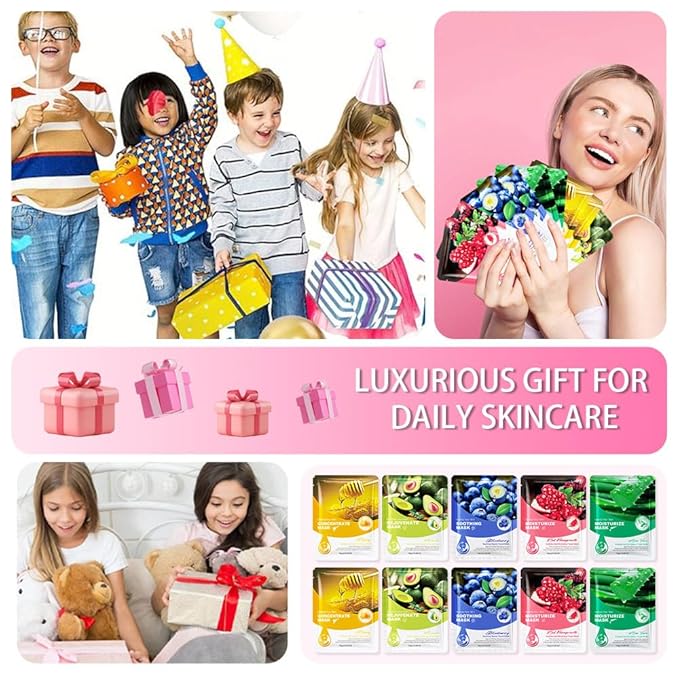 Kaely 10 Pack Variety Face Masks for Kids, Kids Face Mask Spa Day Kit Supplies, Spa Party Favors for Teens Girls Night, Sheet Facial Mask Skincare Gifts Set, Hydrating Soothe for All Skin Types, 04