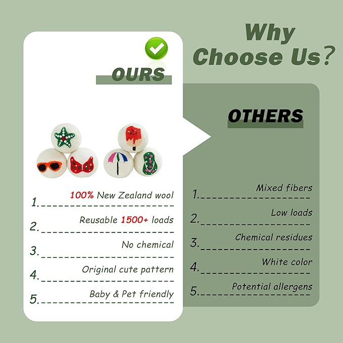 Wool Dryer Balls XL Size 6 Pack - Fun Dryer Balls with Beach Pattern Cute Dryer Balls Laundry Reusable Anti Static Handmade New Zealand Wool Balls (Beach Pattern)