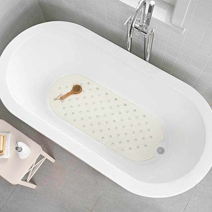 Rubber Bathtub Mat Shower Mat Non-Slip, 39x16 Inch, Bath Tub Floor Mat with Suction Cups and Drainage Holes, Ivory White