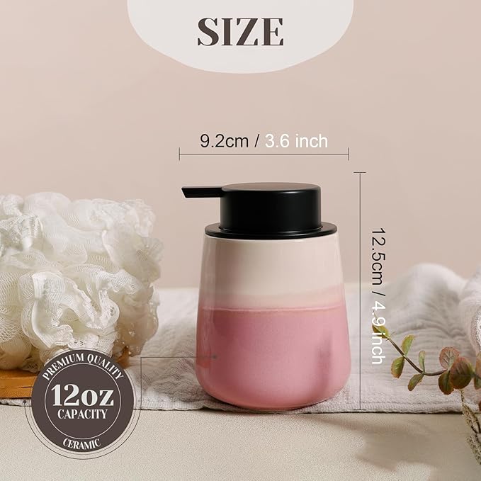 INGOFIN Ceramic Foaming Soap Dispenser - 12oz Foam Hand Soap Dispenser Bathroom, Refillable Modern Dish Dispenser with Pump for Kitchen, Beige and Pink