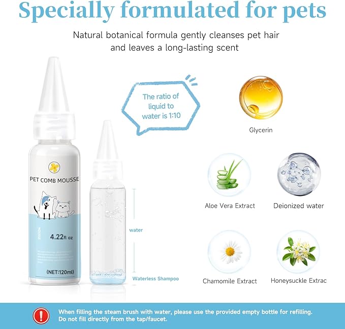 Cat Steam Brush, Pet Steam Brush for Cat & Dog, Mist Spray Comb, Spritz Defur Tool, Water Grooming Kit, Dog Hair Removal Steam Cleaner with Release Button-Contains 2*shampoo