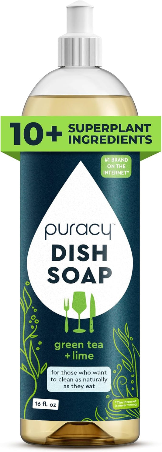 Puracy Natural Dish Soap - Skin-Softening Plant-Based Dishwashing Soap, Non-Toxic Dish Soap, Organic Liquid Dishwashing Detergent Soap (Green Tea & Lime, 16 fl oz)