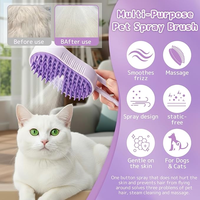 2-Pack Steam Brush for Cats& Dogs,Pet Steam Brush,4-in-1,Rechargeable Grooming Tool for Cats & Dogs, Anti-Static Design, Delivers Massage, Deep Cleansing, Shedding Control & Styling(Orange, Purple)