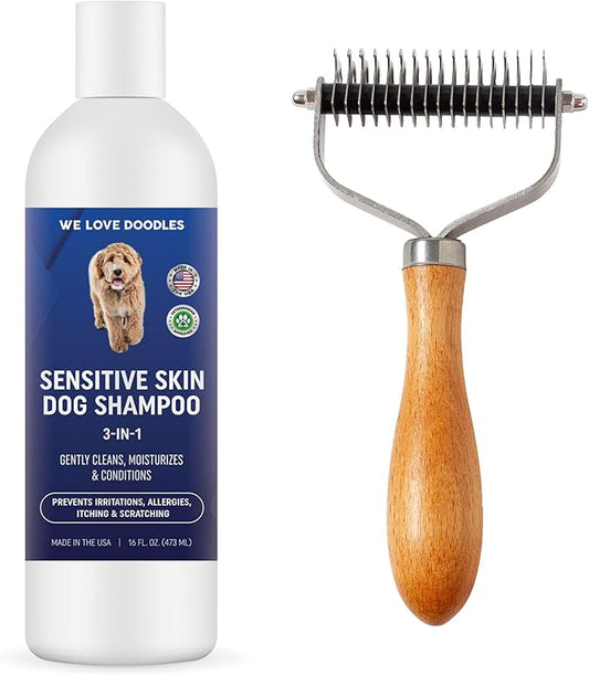 We Love Doodles Premium 3-in-1 Sensitive Skin Dog Shampoo & Pet Dematting Comb - for Allergies, Itching, Scratching, Anti-Itch with Oatmeal & Aloe, Undercoat Rake for Detangling Thinning & Shedding