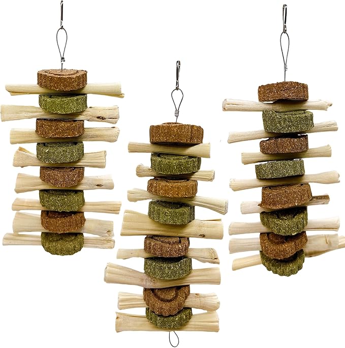 3Pcs Bunny Chew Toys for Teeth Bunny Hanging Grinding Cake Natural Sweet Bamboo Sticks Timothy Alfalfa Hay & Carrot Cake for Rabbit Guinea Pig Chinchilla Gerbil Improve Dental Health