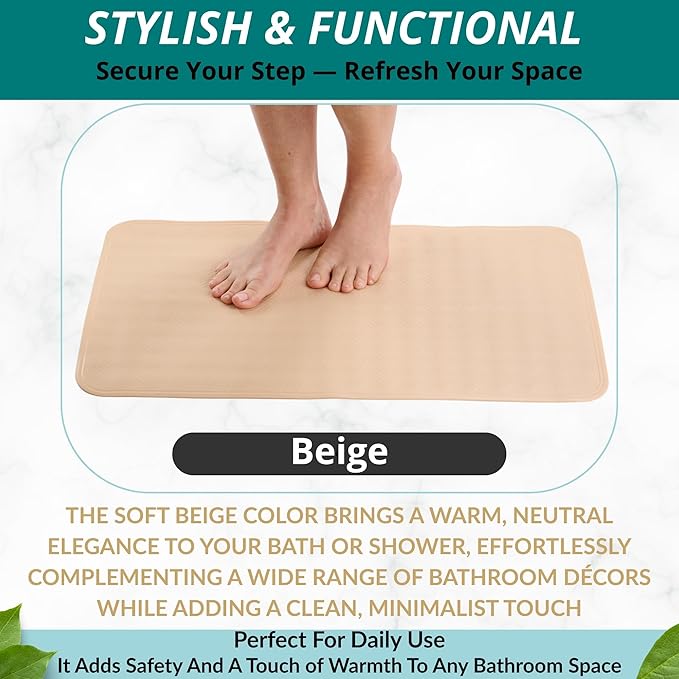 ENKOSI Bath Mat for Bathtub and Shower Floors - Non Slip Shower Mat – Anti Slip Tub tub Mat with Strong Suction Cup Grip – Soft, Beige Bathroom Mat for Inside Baths and Showers (28x16 Beige)