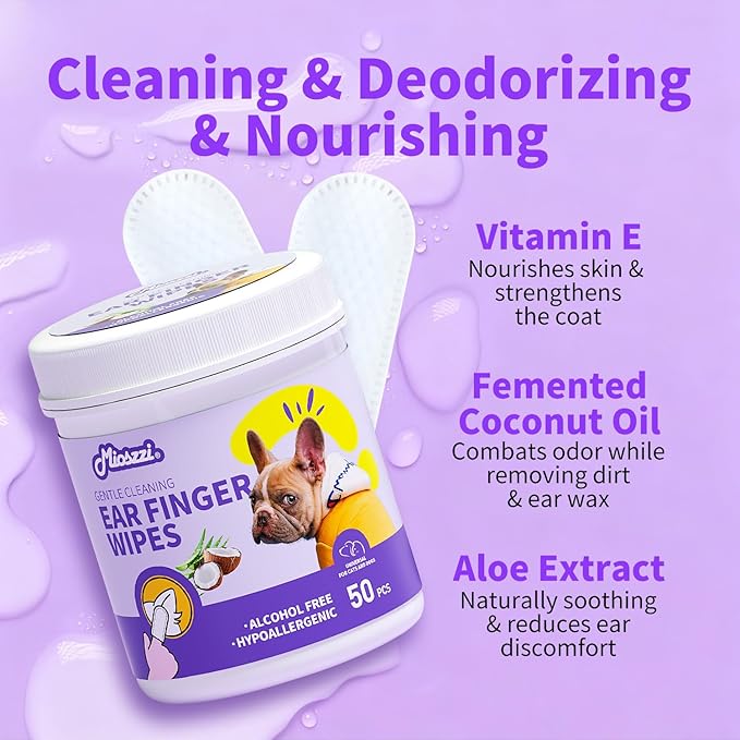 MIOSSZI Pet Finger Wipes for Dogs & Cats - Dog Ear Cleaner for Itch Relief Remove Wax & Odor, Dog Ear Cleaning Finger Wipes-Pet Ear Finger Wipes 50ct