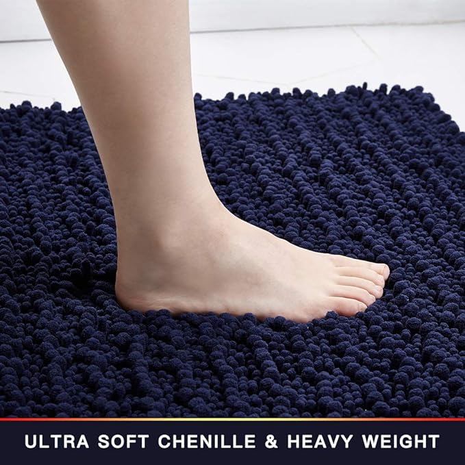 Walensee Bathroom Rug Non Slip Bath Mat (24x17 Inch Navy) Water Absorbent Super Soft Shaggy Chenille Machine Washable Dry Extra Thick Perfect Absorbant Best Small Plush Carpet for Shower Floor