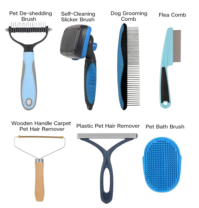 7‑in‑1 Pet Deshedding Tool, Dog Grooming Brush Set, Dog Brush Combo, Pet Deshedding Brush, Flea & Grooming Comb, Carpet & Bath Hair Remover