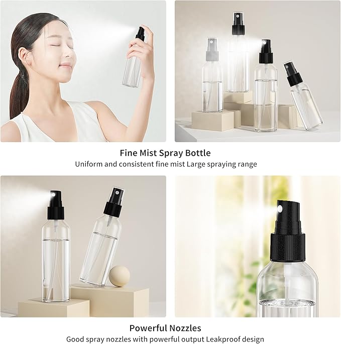 50pcs Small Travel Spray Bottle, 4oz/120ml Clear Fine Mist Plastic Refillable Bottle for Skin Care, Hair Care, Plant Care & Home Cleaning